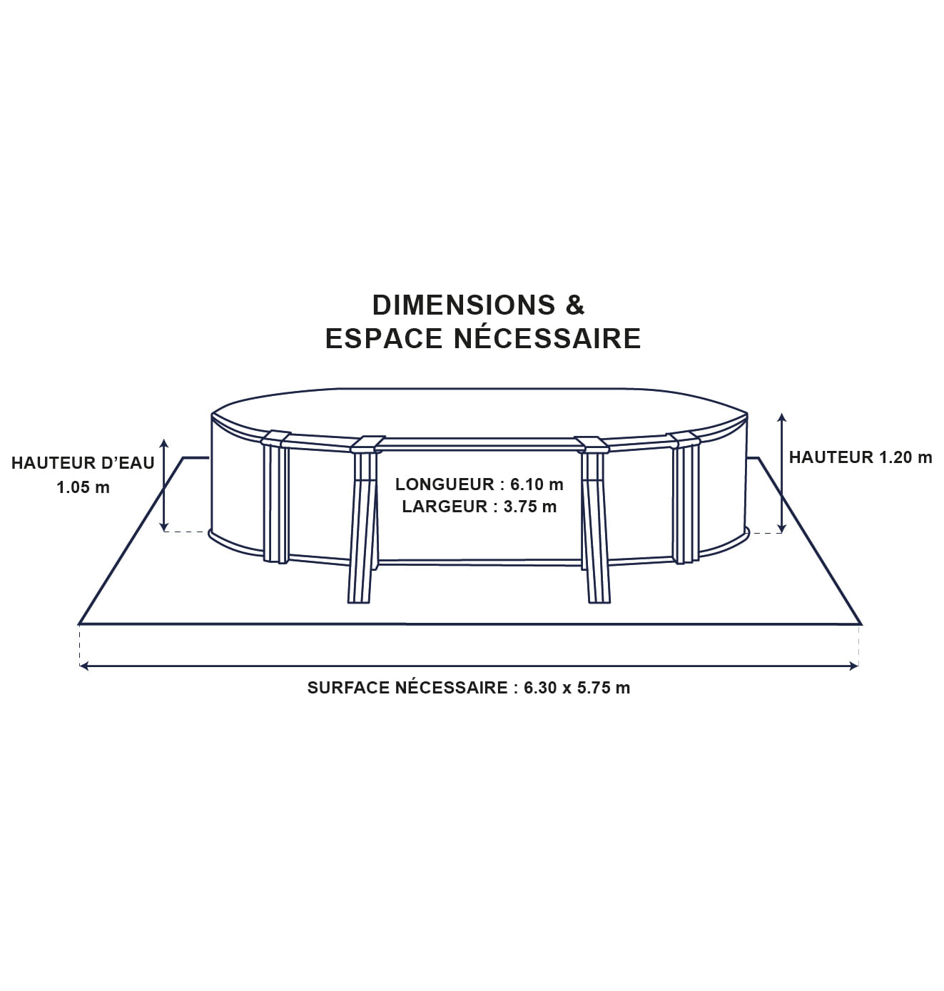 PISCINE HORS-SOL ACIER OVALE O&rsquo;BYA BLANCHE SANS FILTRATION – 6,10 x 3,75 x 1,20M
