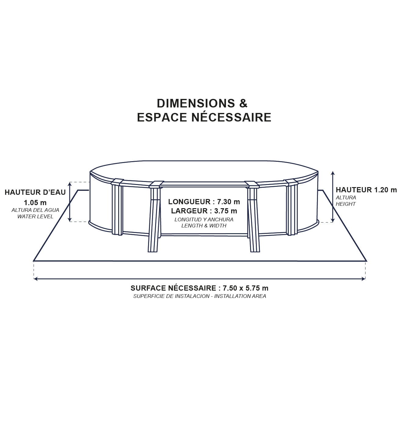 PISCINE HORS-SOL ACIER OVALE O&rsquo;BYA BLANCHE SANS FILTRATION  – 7,30 x 3,75 x 1,20M